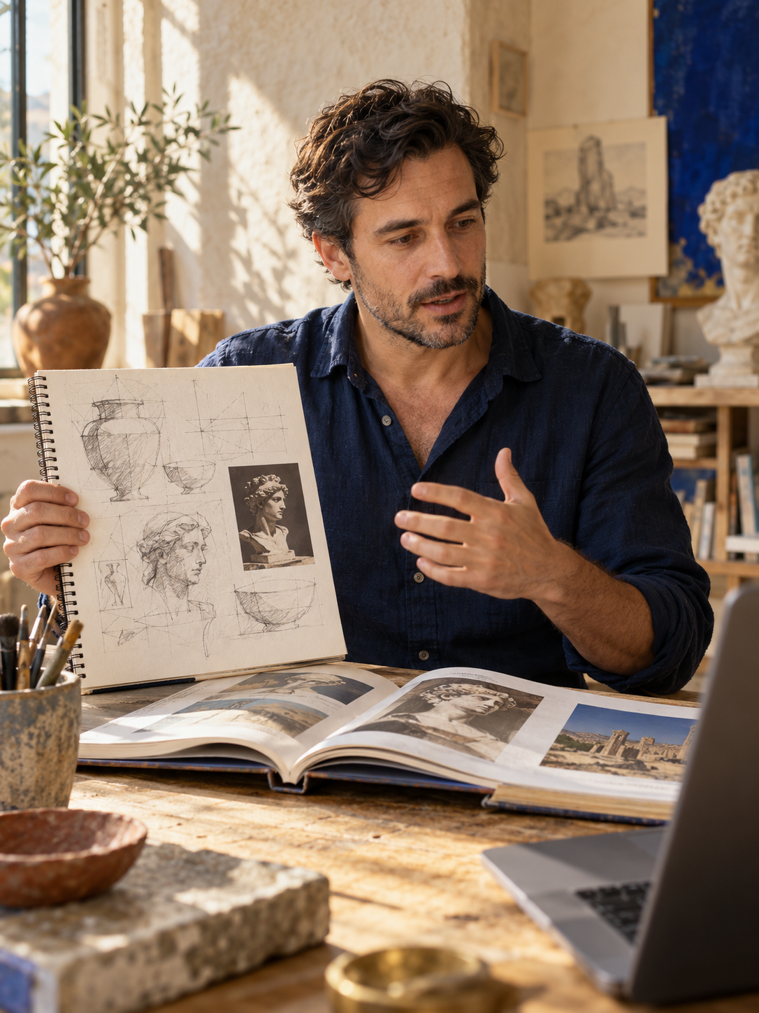 Editorial illustration of an instructor reviewing learning materials