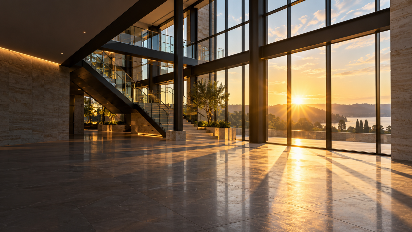 Morning light through a glass atrium