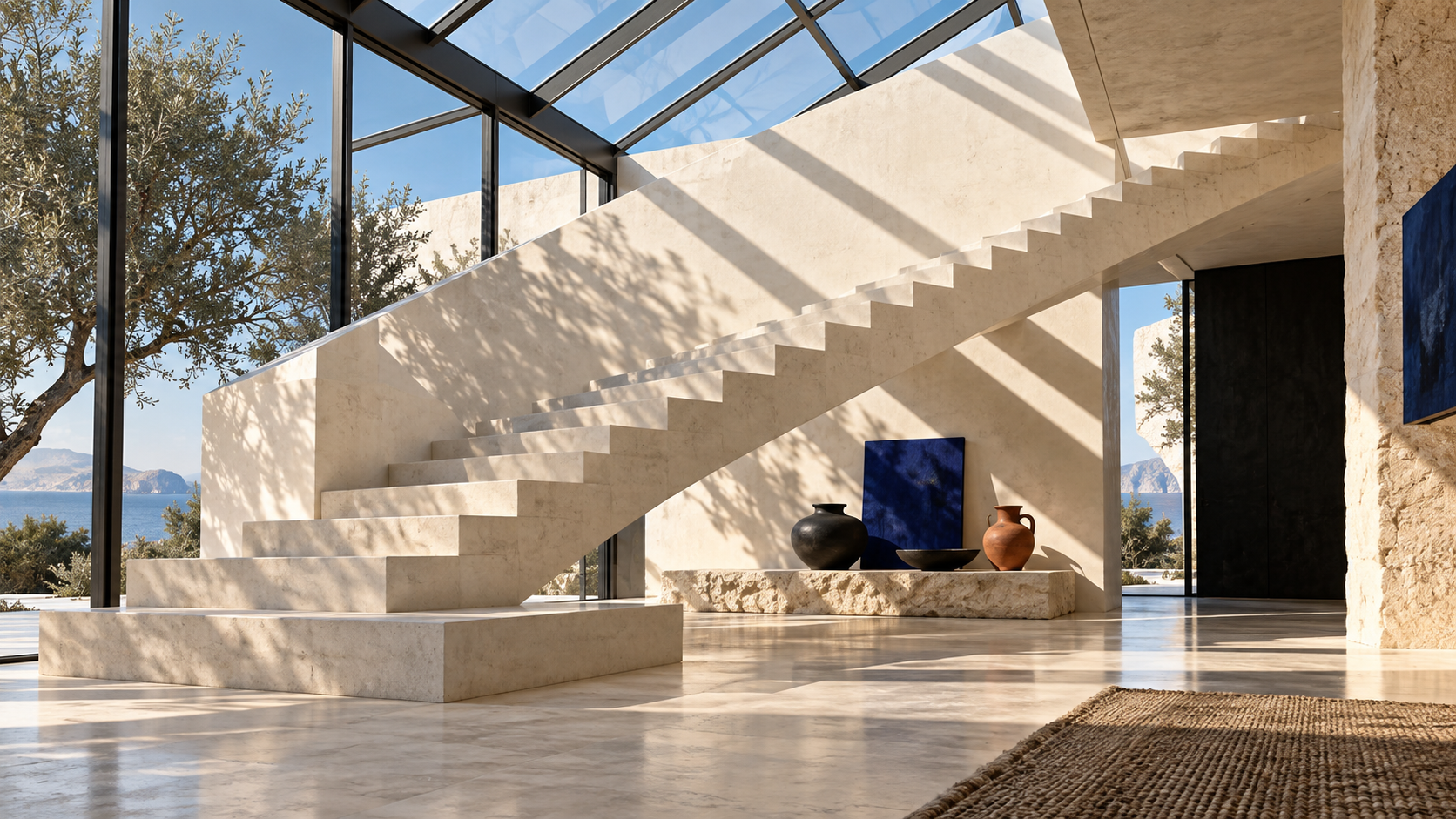 Sunlight across a white concrete staircase in a glass pavilion